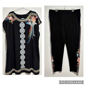Time For Me Embroidered Peacock Floral Tunic and Leggings 2 Piece Set Plus Size